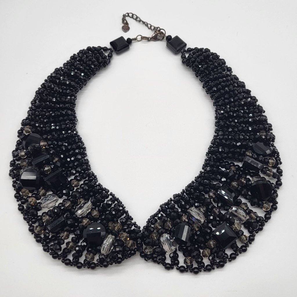 Vtg Nakamol Thailand Bib Collar Statement Necklace Beaded Black Gray